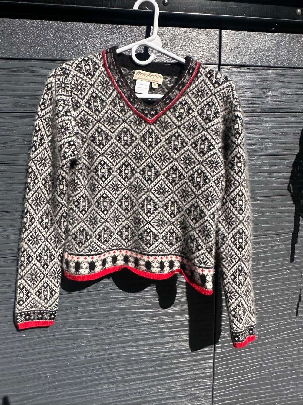 Norm Thompson 100% Cashmere Fair Isle Nordic Sweater Medium Black/Ivory/Red